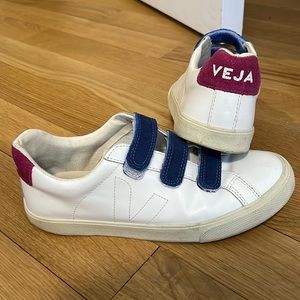Bandier x Veja sneakers with blue sparkle Velcro straps and pink sparkle back